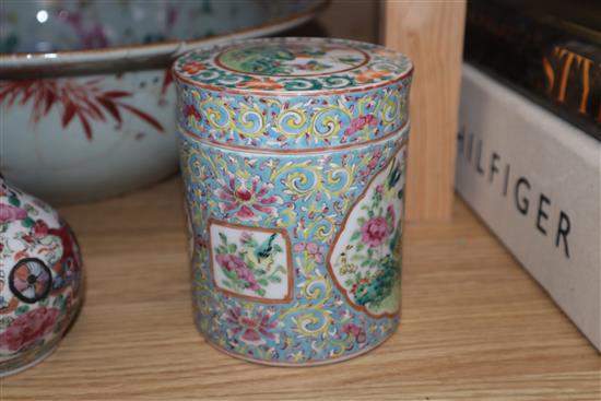 A 19th century Chinese famille rose basin, two jars and covers and a vase diameter 38cm